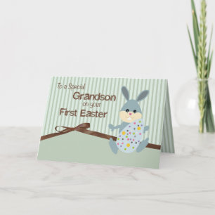 Grandson First Easter, Bunny Ribbon on Stripes Holiday Card