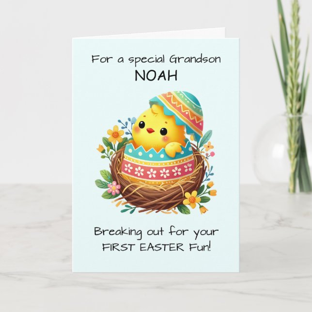 Grandson First Easter Chick Breaking Out of Shell  Card (Front)