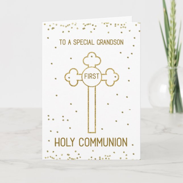 Grandson First Holy Communion Gold Look Cross Card (Front)
