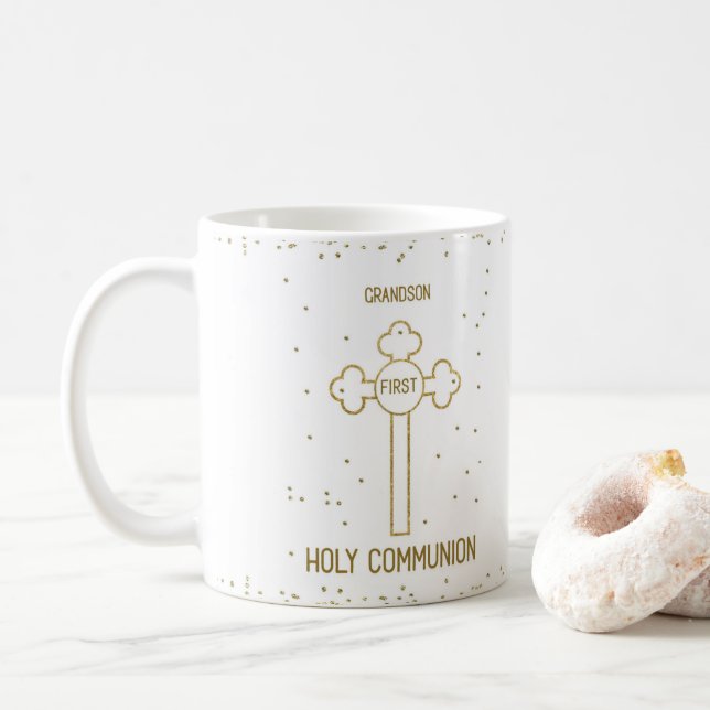 Grandson First Holy Communion Gold Look Cross Coffee Mug (With Donut)