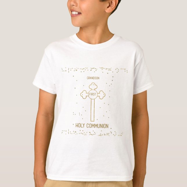 Grandson First Holy Communion Gold Look Cross T-Shirt (Front)