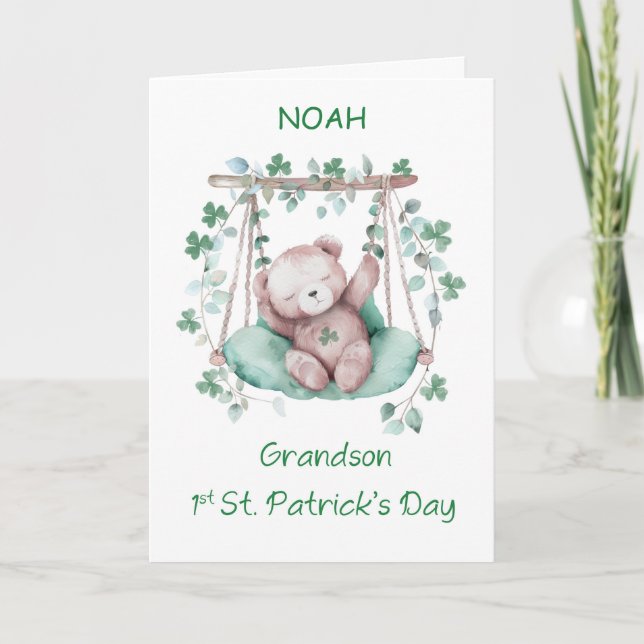 Grandson First St Patricks Day Sweet Bear on Swing Card (Front)