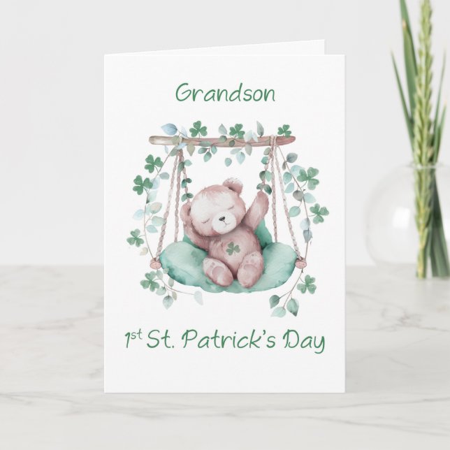 Grandson First St Patricks Day Sweet Bear on Swing Card (Front)