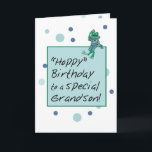 Grandson Frog in Jeans, Birthday, Polka Dots Card<br><div class="desc">Your grandson is waiting and ready for some good fun! This birthday card features a cute frog sitting on a message box waving his wishes!</div>