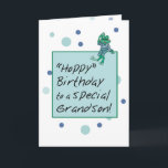 Grandson Frog in Jeans, Birthday, Polka Dots Card<br><div class="desc">Your grandson is waiting and ready for some good fun! This birthday card features a cute frog sitting on a message box waving his wishes!</div>