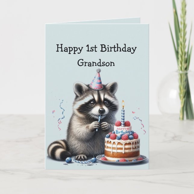 Grandson Fun Racoon 1st Birthday  Card (Front)
