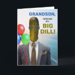 Grandson Funny Birthday Kind of a Big Dill Pickle Card<br><div class="desc">Grandson,  You're kind of a Big Dill! Funny birthday,  paper greeting card with a photo of a dill pickle wearing a suit and tie,  and sunglasses. Food themed pun greeting card. Customise the cover and interior birthday message as desired. Art,  image,  and verse copyright © Shoaff Ballanger Studios,  2025.</div>