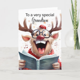 Grandson Funny Christmas Reindeer Singing Thank You Card
