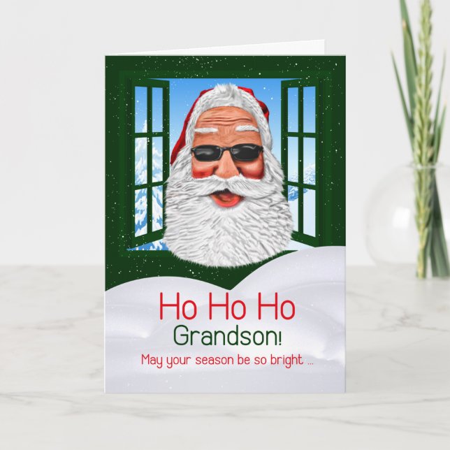 Grandson Funny Christmas Santa in Sunglasses Holiday Card (Front)