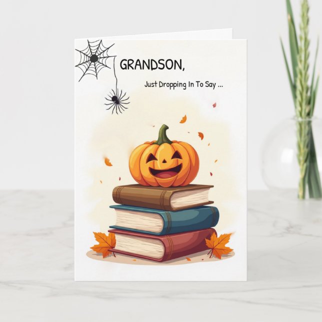 Grandson Funny Halloween Cute Spider Dropping In Card (Front)