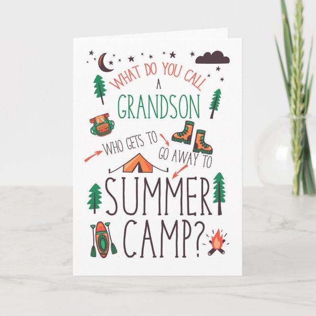 Grandson Funny Summer Camp Orange Green Brown Card (Front)