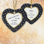 Grandson Gold Star Heart Keepsake Ceramic Tree Decoration<br><div class="desc">This is a wonderful Christmas ornament for a grandparent to give to a grandson. It features a white heart shape framed in shiny gold, and set against a gold star studded dark blue background. In the centre is your customised text in dark blue. Currently, the text says "Grandsons are the...</div>