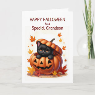 Grandson Halloween Cute Black Cat in Pumpkin Card