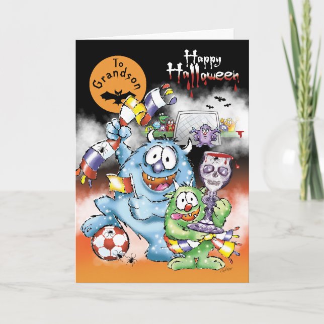 Grandson, Halloween Monsters, with soccer ball Card (Front)