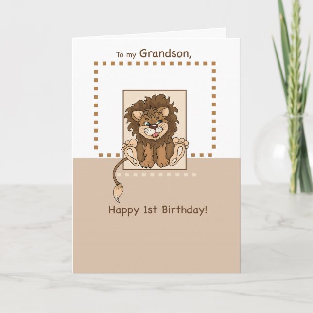 Grandson, Happy 1st Birthday Baby Lion Card (Front)