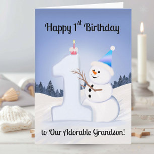 Grandson Happy 1st Birthday Snowman Building One Card