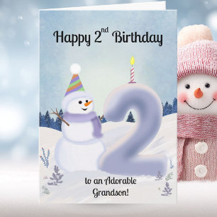 Grandson Happy 2nd Birthday Snowman Building Card