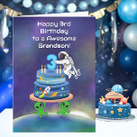 Grandson Happy 3rd Birthday Astronaut with Cool  Card<br><div class="desc">Celebrate your grandson’s 3rd birthday with this playful space-themed design featuring a charming astronaut placing the number three atop a cosmic cake, complete with planets, stars, and a rocket in motion. Set against a dreamy galaxy sky with Earth below, two friendly aliens help hold the cake, adding a fun, imaginative...</div>