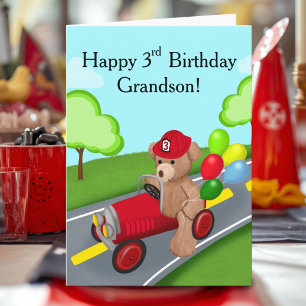 Grandson Happy 3rd Birthday Teddy Bear  Firetruck Card
