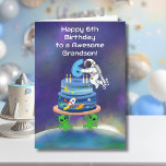 Grandson Happy 6th Birthday Astronaut with Cool  Card<br><div class="desc">Celebrate your grandson turning six with a dynamic space-themed illustration centered around an astronaut placing the number six on a beautifully decorated cosmic cake. With planets circling the tiers, a rocket in flight, and a rich galaxy backdrop, the design feels full of movement and excitement. Two quirky aliens anchor the...</div>