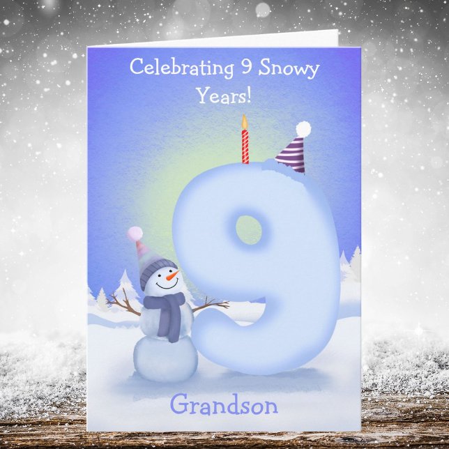 Grandson Happy 9th Birthday Snowman Building  Card (Creator Uploaded)