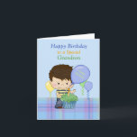 Grandson Happy Birthday Boy Blue Green Balloons Card<br><div class="desc">A sweet card for a Special Grandson, featuring a blue background with lower blue plaid and a sweet little boy wearing a blue and yellow shirt and jeans. There is a green cupcake in front of the little boy and balloons floating around. Boy and cupcake original design by Cheryl Seslar...</div>