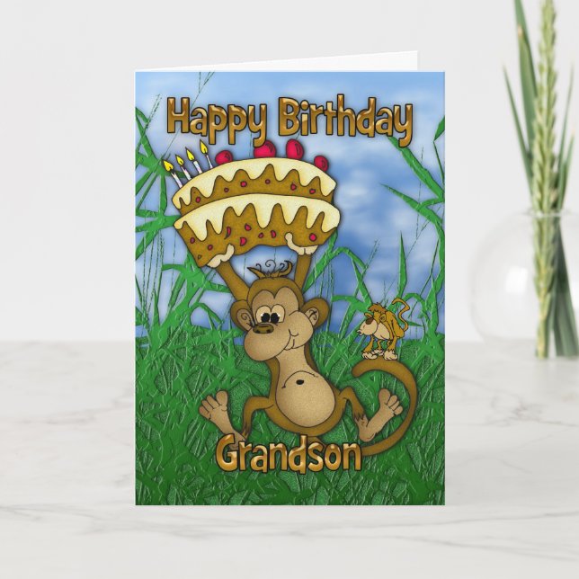 Grandson Happy Birthday with monkey holding cake Card (Front)