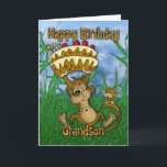 Grandson Happy Birthday with monkey holding cake Card<br><div class="desc">Grandson Happy Birthday with monkey holding cake</div>