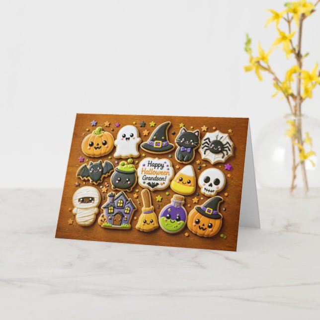 Grandson Happy Halloween Cute Cookie  Card (Yellow Flower)