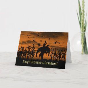 Grandson Happy Halloween Scary Scarecrow and Crows Holiday Card