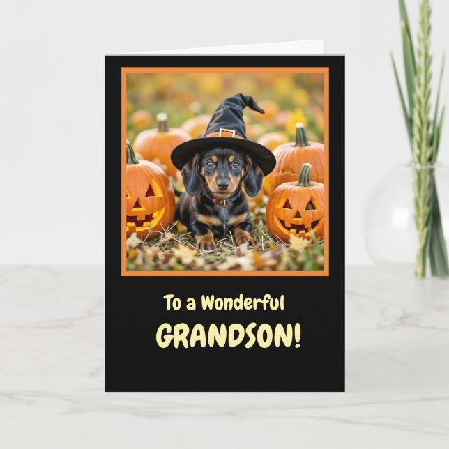Grandson Happy Halloween with a Cute Dachshund  Card (Front)