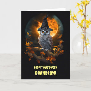 Grandson Happy Halloween with Owl and Warlock Hat Card