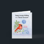 Grandson Happy January Birthday Cardinal Cake Card<br><div class="desc">This hand-painted watercolor design features a bright red cardinal perched on a winter branch, holding a snowflake balloon beside a January birthday cake decorated with white and purple carnations, the traditional flowers for the month. Soft winter details and gentle colors create a warm, joyful scene, making this a lovely January...</div>