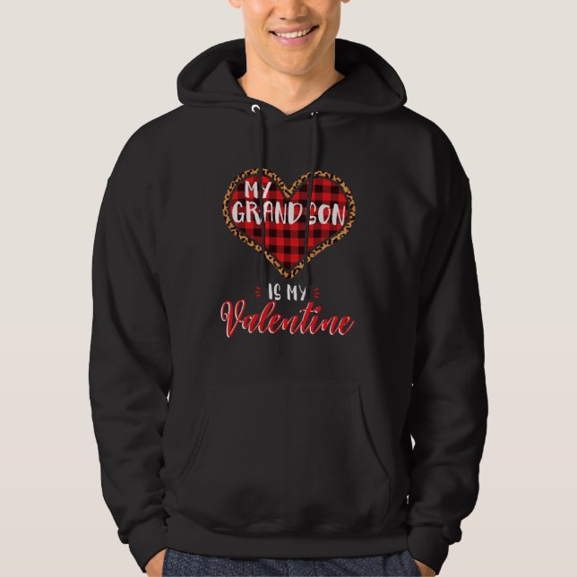 Grandson is My Valentine Leopard Buffalo Plaid Hea Hoodie (Front)
