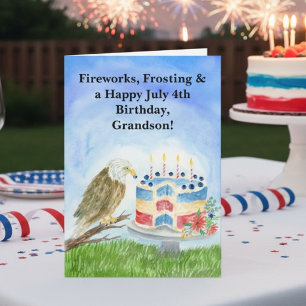 Grandson July 4th Birthday Bald Eagle & Cake Card