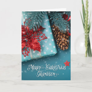 Grandson Merry Christmas Cheer Blue and Red Holiday Card