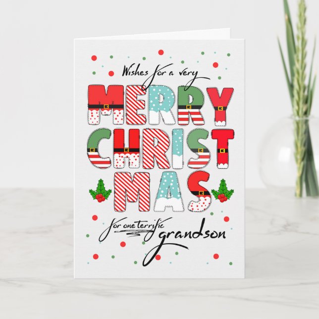 Grandson Merry Christmas Decorated Lettering Holiday Card (Front)