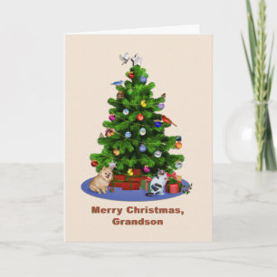 Grandson, Merry Christmas Tree, Birds, Cat, Dog Holiday Card