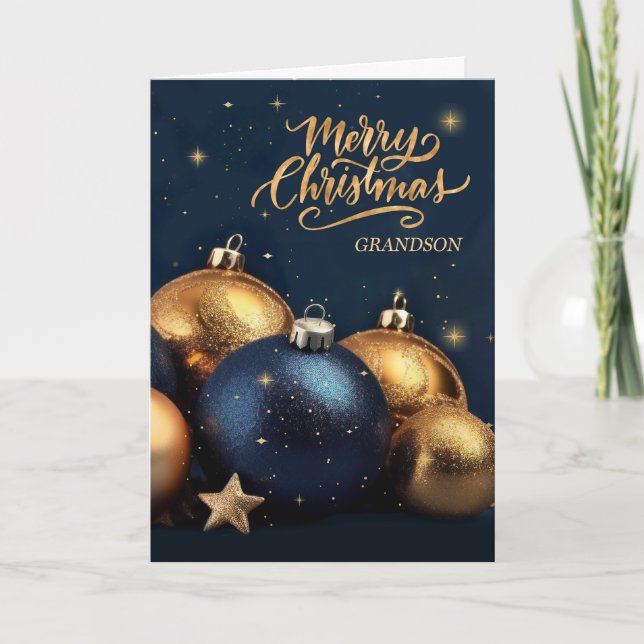 Grandson Navy Blue and Gold Ornaments Christmas Holiday Card (Front)