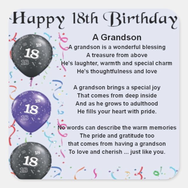 Grandson Poem - 18th Birthday Square Sticker (Front)