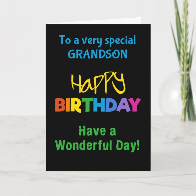 Grandson Rainbow Colours on Black Birthday Card (Front)