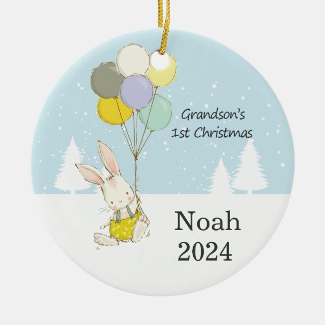 Grandson’s First Christmas Cute Bunny Rabbit Ceramic Tree Decoration (Front)