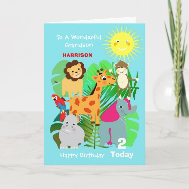 Grandson Safari Animals Cute Happy Birthday Card (Front)