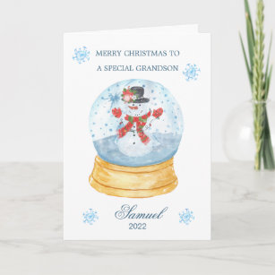 Grandson Snow Globe Snowman Christmas  Holiday Card