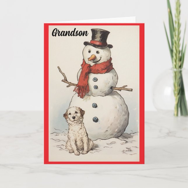 Grandson Snowman And Dog Holiday Card (Front)