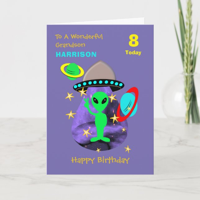 Grandson Spaceship Alien Cute Happy Birthday Card (Front)