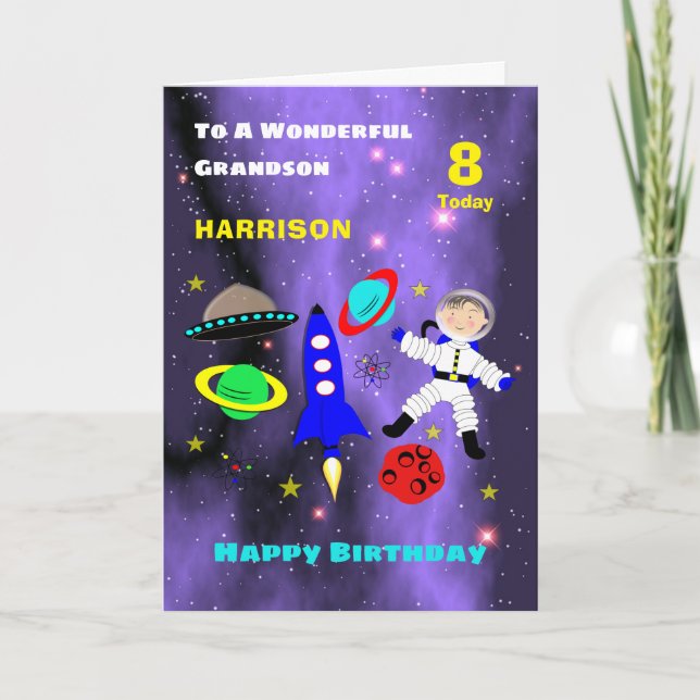 Grandson Spaceship Astronaut Cute Happy Birthday Card (Front)