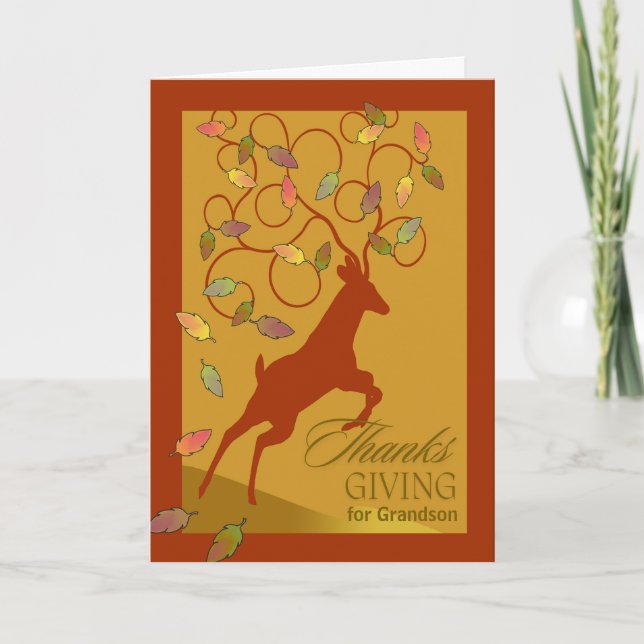Grandson Thanksgiving Deer Jumping Antler Leaves Holiday Card (Front)