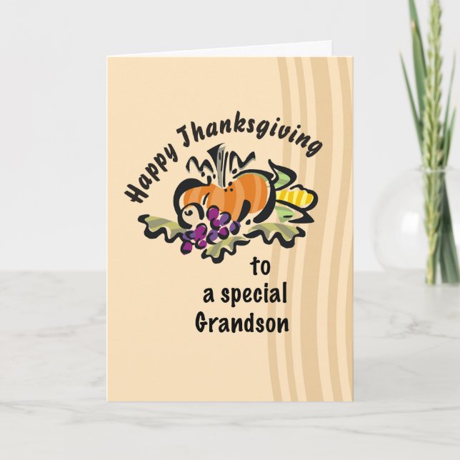 Grandson Thanksgiving with Pumpkin Illustration Card (Front)
