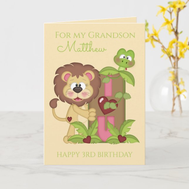Grandson Third Birthday Cute Lion Photo Card (Yellow Flower)